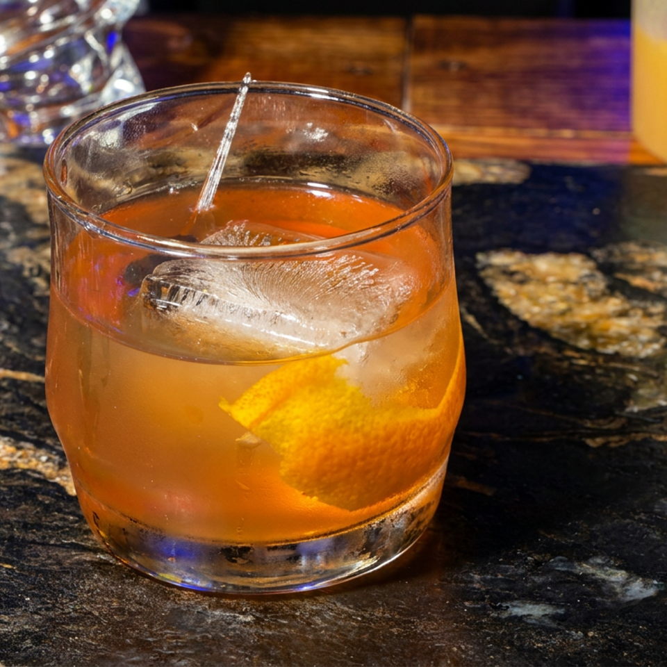 Orange cocktail with a large ice cube and citrus peel in a rocks glass on a dark marble bar.
