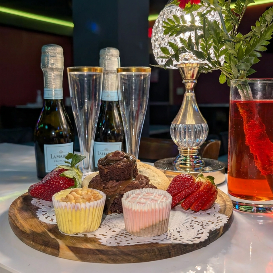 Dessert platter with chocolate cake, strawberries, two cupcakes, champagne bottles and glasses, and a red drink in a dim restaurant.
