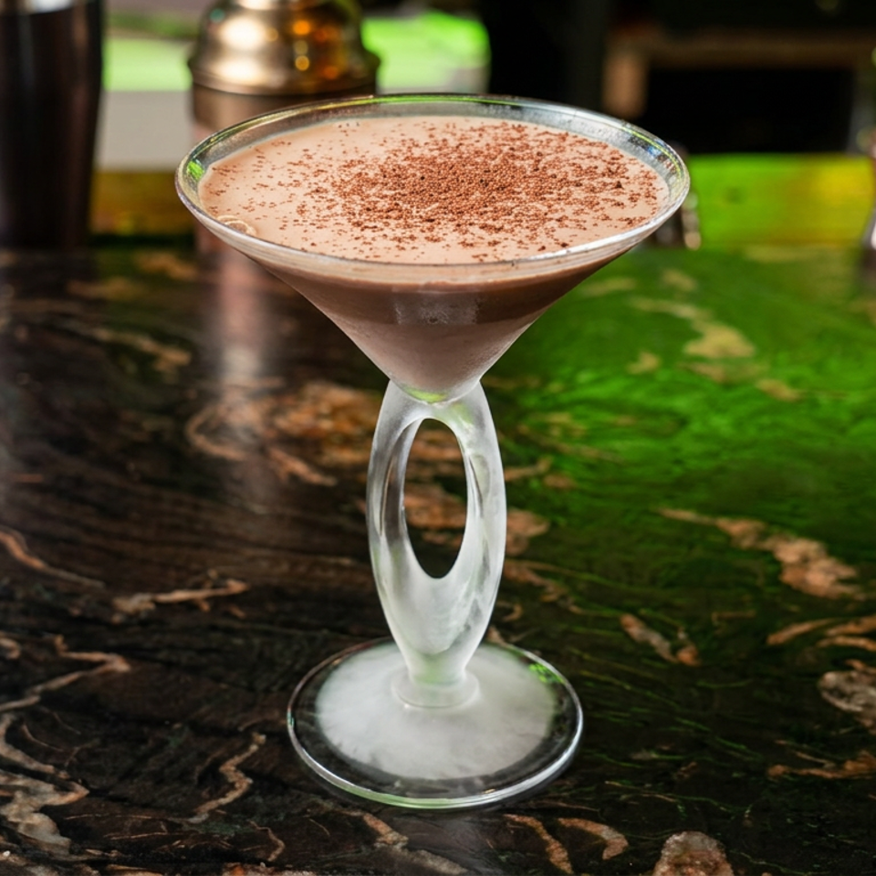 Creamy chocolate cocktail dusted with cocoa in a stemmed martini glass on a glossy bar counter.